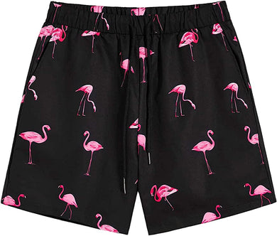 Men's Casual Drawstring Black Flamingo Shorts