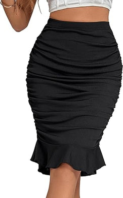 Black Ribbed Knit Ruffle Midi Skirt