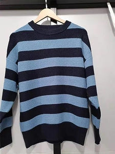 Striped Knit Loose Fit White/Black Long Sleeve Sweater