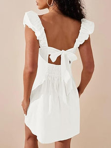 Ruched White Sleeveless Backless Mini Dress