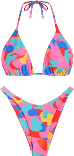 Pink Blue Printed High Cut Two Piece Bikini Swimsuit