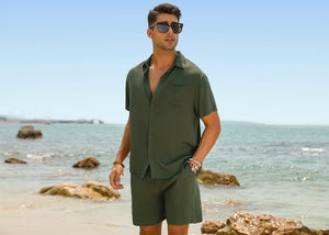 Casual Men's Blue Vacation Style Shirt & Shorts Set