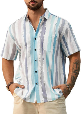 Men's Vacation Striped Summer Short Sleeve Gray Striped Shirt