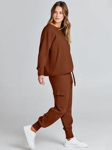 Winter Knit Beige Cargo Jogger Sweatsuit Long Sleeve Top & Pants Set