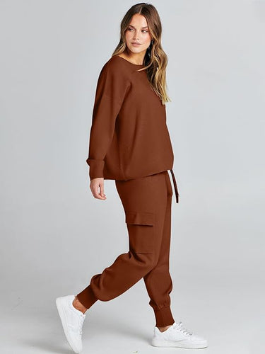 Winter Knit Brown Cargo Jogger Sweatsuit Long Sleeve Top & Pants Set