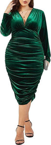 Plus Size Emerald Green Ruched Velvet Long Sleeve Midi Dress