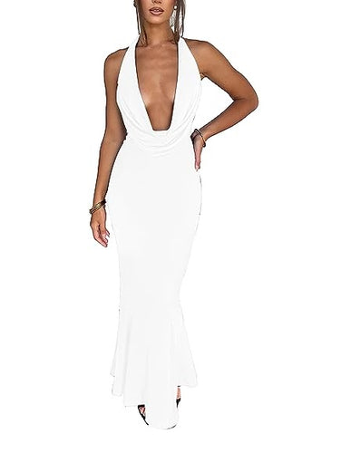 Draped Halter White Maxi Dress