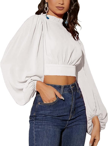 White Ruffled Neck Long Sleeve Top