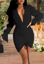 Load image into Gallery viewer, Red Ruched Deep V Long Sleeve Bodycon Dress