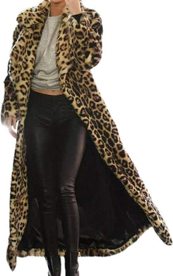 Winter Brown Cheetah Print Faux Fur Long Sleeve Trench Coat