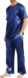 Men's Purple Satin Silk Short Sleeve Shirt & Pants Pajamas Set