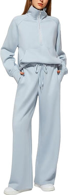 Comfy Knit Light Blue Half Zip Long Sleeve Sweatsuit Pull Over & Pants Set