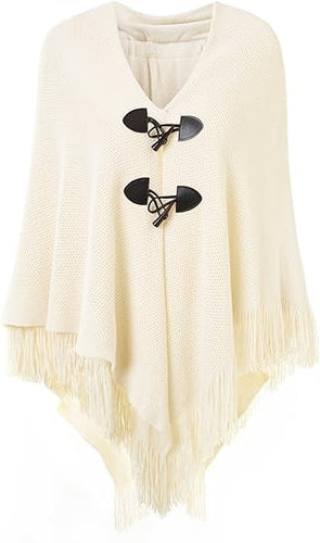 Beige Knit Fringe Winter Poncho