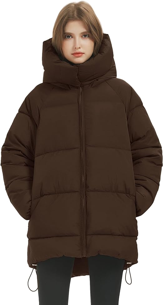 Trendy Brown Quilted Puffer Mid-Length Warm Winter Heavyweight Coat