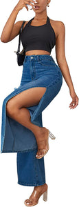 High Waist Black Denim Wide Leg Slit Style Jeans