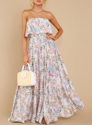 Boho Strapless White/Pink Floral Summer Maxi Dress