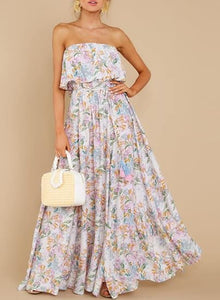 Boho Strapless Rose/White Floral Summer Maxi Dress