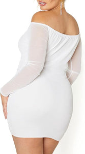 Plus Size White Ruched Mesh Long Sleeve Mini Dress