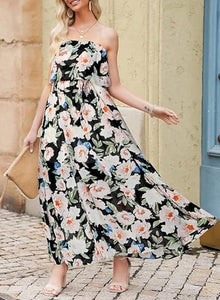 Boho Strapless Rose/White Floral Summer Maxi Dress