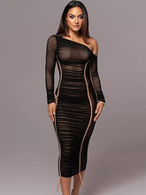 Load image into Gallery viewer, Mesh Maxi Brown Dress Off Shoulder Long Sleeve