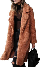 Load image into Gallery viewer, Women&#39;s Fuzzy Fleece Lapel Open Front Long Caramel Winter Jacket