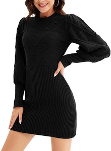 Brown Knit Balloon Sleeve Style Textured Sweater Dress