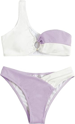 One Shoulder Color Block Bikini Lilac Swimsuit