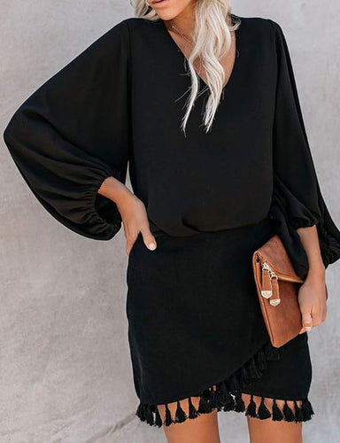 Chic Black Balloon Sleeve Loose Fit Blouse