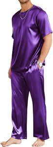 Men's Purple Satin Silk Short Sleeve Shirt & Pants Pajamas Set