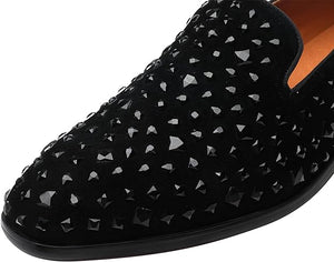 Men's Black Leather Studded Embellished Loafer Dress Shoes