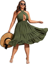 Load image into Gallery viewer, Plus Size Olive Green Halter Midi Dress