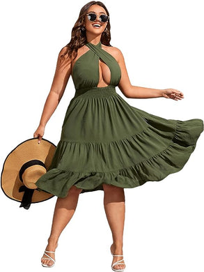 Plus Size Olive Green Halter Midi Dress