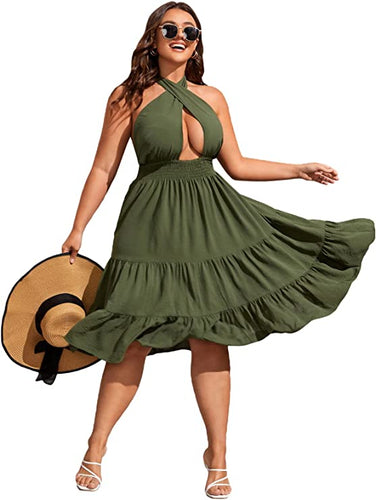 Summer Chic Plus Size Green Floral Halter Mini Dress