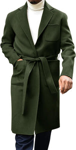 Men's Italia Belted Long Sleeve Green Winter Pea Coat