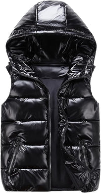Black Hooded Metallic Sleeveless Zip Front Vest