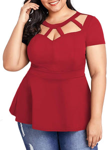 Plus Size Purple Cut Out Peplum Short Sleeve Top