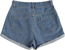 Load image into Gallery viewer, High Waist Light Blue Sunflower Denim Shorts