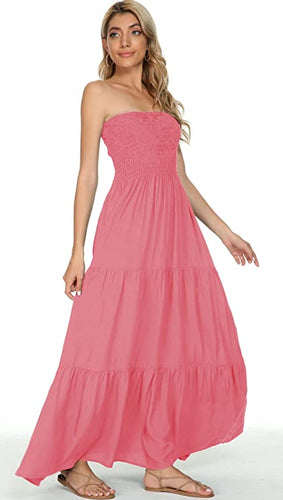 Boho Beach Strapless Floral Coral Maxi Dress