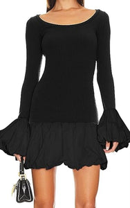 Black-White Crew Neck Puffy Long Sleeve Mini Dresses