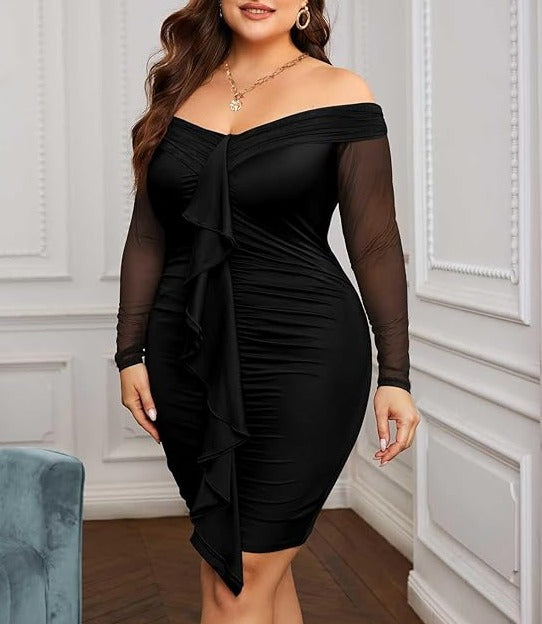 Plus Size Black Off Shoulder Ruffled Mini Dress