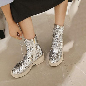 Lace Up Glitter Sequin Silver Combat Boots