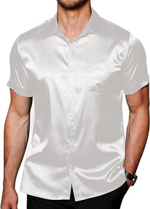 Men's Satin Hunter Green Button Up Short Sleeve Shirt