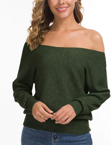 Soft Knit Hunter Green Off Shoulder Long Sleeve Winter Sweater