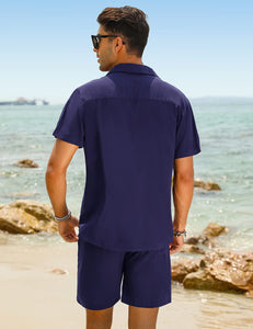 Casual Men's Blue Vacation Style Shirt & Shorts Set