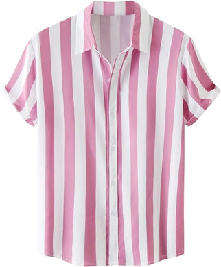 Men's Pink & White Striped Button Down Short Sleeve Shirt