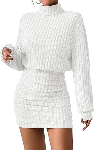 White Long Sleeve Turtle Neck Sweater Dress