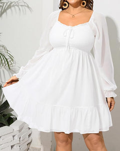 Plus Size White Chiffon Long Sleeve Ruffle Dress