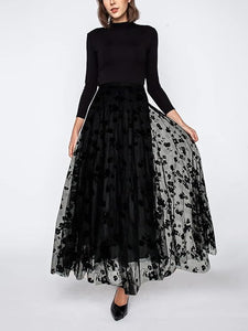 Organza Floral Mesh Black Tulle Maxi Skirt