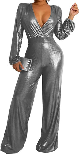 Glamourous Metallic Silver Long Sleeve V Cut Jumpsuit