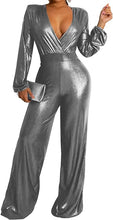 Load image into Gallery viewer, Glamourous Metallic Silver Long Sleeve V Cut Jumpsuit